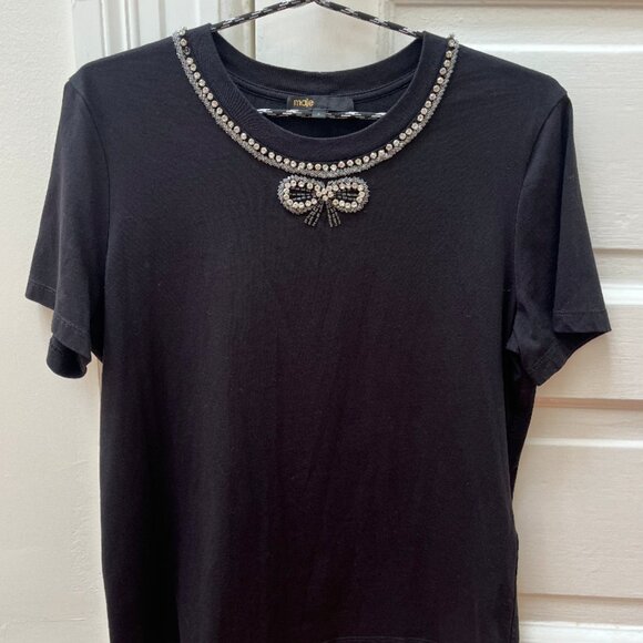 [Good Used Condition] Maje Embellished Rhinestone Bow TShirt // Maje Sz 2 (US M) - Picture 3 of 4